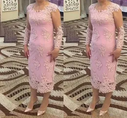 Pink Mother New Off Bride Dresses Long Sleeves Lace Appliques Sheath Tea Length Wedding Guest Dress Formal Plus Size Prom Evening Gowns