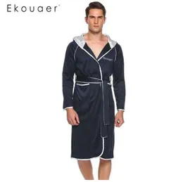 EKOUAER Erkekler Casual Roze Kapşonlu Uzun Kollu Patchwork Cep Bornoz Kemer Ile Erkek Pijama Gecelik Gri Lacivert S-XL