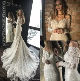 Elegante 2019 Sereia Vestidos de Casamento Fora Do Ombro de Cristal de Manga Longa Vestidos De Noiva vestidos de noiva Praia Rendas Vestido De Noiva Boho