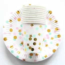 20pcs /セットカラフルな縞模様の紙のカッププレートが誕生日の装飾ベビーシャワー巨大な子供のためのテーブルウェアパーティーの供給
