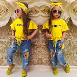 Toddler Baby Girls Tops Koszulka Koronkowa Dziura Denim Spodenki Pałąk Lato Odzież Ustawia Ubrania Dla Dzieci Ustal Outfits