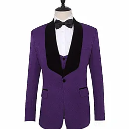 Lila Paisley Groom Tuxedos Svart Velvet Lapel Groomsmen Bröllopsklänning Populär Man Business Dinner Prom Blazer (Jacka + Byxor + Tie + Vest) 1027