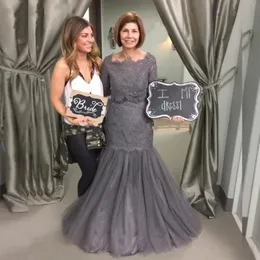 Seksowna szara syrenka koronki Matka panny młodej Plus Size Sukienka z iluzją Pół Rękawy Koronki Tulle Tanie Prom Evening Formal Sukienka Suknie