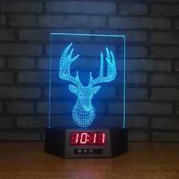 Milu Deer Clock 3D Illusion Night Lights LED 7 Color Change Desk Lamp Home Decor #R21