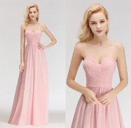 2019 Chiffon Long Bridesmaid Dresses Spaghetti Straps Ruched Golvlängd Bröllop Guest Maid of Honor Dresses Bm0046