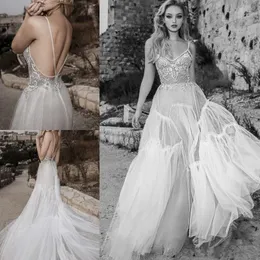 Sexy Tulle Czeski Suknie ślubne Koronki Aplikacja Illusion Backless Beach Wedding Bridal Suknia Custom Made Robe de Mariée