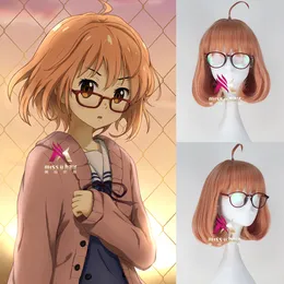 Kyokai no Kanata Mirai Kuriyama Cabelo Encaracolado Bobo Anime Peruca Cosplay com Vidro Vermelho