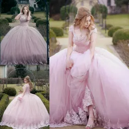 Utsökt Saudiarabien Pink Färg Lace Bröllopsklänningar Ball Plus Storlek Sequins Pärlor Arabisk Landstil Vestido de Novia Formell Bridal Gown