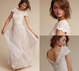 BHLDN A Line Beach Suknie ślubne Koronki Appliuqe Klejnot Długość podłogi Długość Kraj Tanie Suknie Ślubne Custom Make Prosta sukienka ślubna