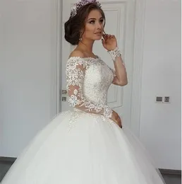 Robe De Mariage 2018 Abiti da sposa maniche lunghe senza spalline Tulle trasparente Indietro Abiti da sposa sexy Sposa Perle Principessa Vestido de Noiva