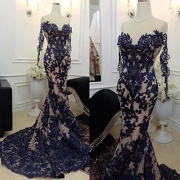 Oszałamiająca Czarowna Syrenka Prom Dresses Sheer Jewel Neck Koraliki Koronkowa Aplikacja Długim Rękawem Party Dress 2018 Sexy See Przez suknie wieczorowe