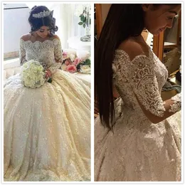 Bateau Elegant Winter Neck Sheer Long Sleeves Lace Ball Gown Dresses Beaded Pearls Chapel Train Wedding Bridal Gowns S