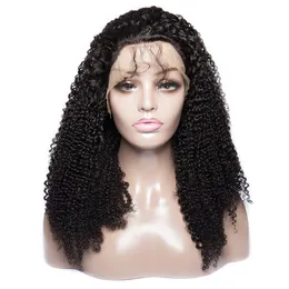 250密度Mogolian Afro Kinkyカーリーレースフロント人間の髪の毛ウィッグ女性ブラック1Bレミーヘアレースフロントウィッグ12-24インチ
