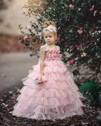 New Arrival Flower Girls For Weddings Pink Handmade Flowers Tiered Floor Length Kids Prom Dresses Wedding Party Dress Vestidos