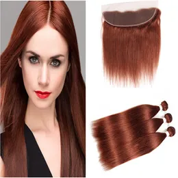 Kopparröd Virgin Peruvian Human Hair Weaves With Frontal Rak # 33 Mörk Auburn Öron Till Ear 13x4 Lace Frontal Stängning med 3 buntar