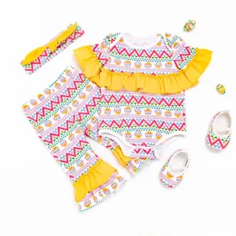 Kids Clothing Set Baby Rompers Short Sleeve Cotton Multicolor Eggs Easter Clothing Sets Infant Ruffle Jumpsuit + Pant +Shoes+Headband 4Pcs