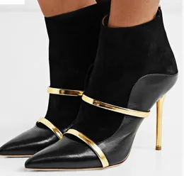 2018 autumn new women boots black leather boots zip up patchwork booties two straps mujer botas gold heel boots women party shoes