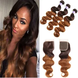 Brazilian Blonde Virgin Hair 3 Bundles with Lace Closure Colored 4/30# Ombre Body Wave Human Hair Weaves Extensions With Lace Closure