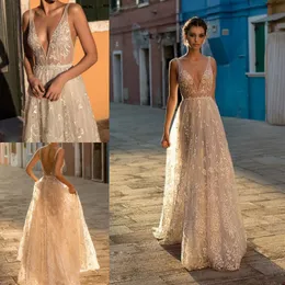 Boho Gali Karten Abiti da sposa Sexy Bohemia Profondo scollo a V In pizzo Appliqued Perline Abiti da sposa Vestido De Novia A Line estido