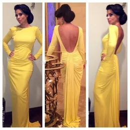 Yellow Backless Evening Gowns Elegant Long Sleeves Ruffles Prom Dresses Cheap Women Formal Party Dress Sheath Vestidos Floor Length