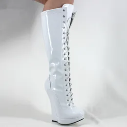 Women Boots Wedge Heel 18cm/7" Extreme High Shoes Fetish Sexy Exotic Platform Zipper Lace-Up Patent Leather Knee-High Ballet Boots