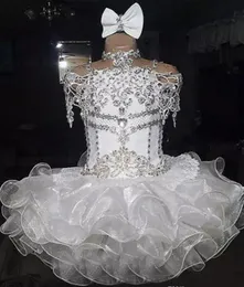 Söt vit Organza Girl's Pagant Klänning Prinsessan Beaded Crystals Party Cupcake Unga Pretty Little Kids Queen Flower Girl Gown