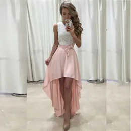 High Low Homecoming Dresses Jewel Sleeveless Appliques Lace With Bow Short Prom Dresses Vestidos De Fiesta