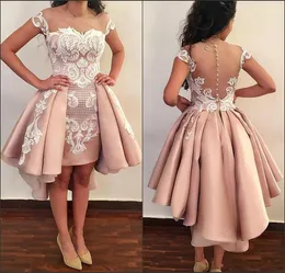 Skromne wysokie niskie sheer koronkowe sukienki do domu iluzją różowy ograniczony arabski druhna krótka sukienka na krótki balek cocktail party club nosić studia