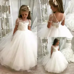 2019 Abiti da ragazza di fiore bianco per matrimoni Gioiello Collo Abito da spettacolo per ragazza in pizzo Backless Prom Abiti da comunione di compleanno per bambini