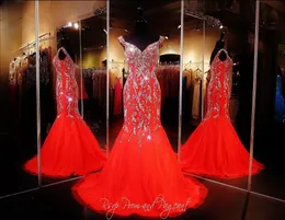 2019 Bling Sexy Prom Dresses Wear Crystal Major Frezowanie Długie Czerwone Szyfonowe Rękawy Syrenka Sweep Pociąg Formalne Wieczorowe Party Workanty Suknie