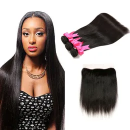 Brasiliansk Virgin Human Hair Straight With One Lace Frontal Stängning 3 Bundlar med 13x4 Öron Till Öron Snörning Frontlåsning Hår Naturfärg