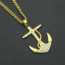 Men Stainless Steel Necklace Gold Colour Plated Titanium Anchor Pendant Jewelry 70cm Length Steel Chain rhinestone Necklace Gift