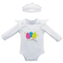 Babykläder 2018 Nyaste påskens dag Kläder Tjejer Jumpsuits Färgglada ägg Långärmad Lace Romper + Crown Hairband 2PCs Baby Girls Kläder