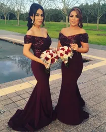 2018 Cheap Burgundy Pink Off Shoulder Mermaid Long Bridesmaid Dresses Sequins Bling Top Wedding Guest Dresses Plus Size Maid of Honor Gowns
