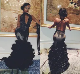 2022 Sexy Black Arabic Mermaid Prom Dresses Halfter Schlüsselloch Spitze Blumen Sweep Train Long Plus Size Formale Abendkleider Party Pageant Kleid