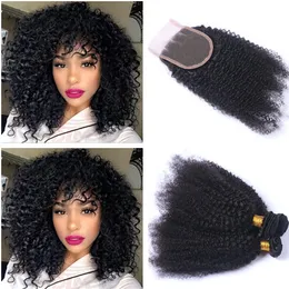 Cheap Peruvian Afro Kinky Curly Virgin Human Hair Wefts with Closure 3 Way Part Kinky Curly 4x4 Lace Front Closure with Weave Bundles