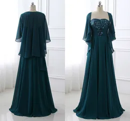 Bedövning Teal Billiga Moder av Bruden Groom Klänningar Plus Storlek Med Jackor Två Stycken Chiffon Sequined Lace Evening Formella klänningar 2021