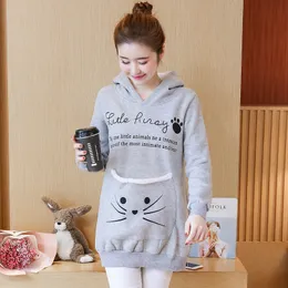 Cute Cartoon Maternity Hoodies with Velvet Sweatshirt Clothes for Pregnant Women Autumn Casual Hooded Pregnancy Pullovers