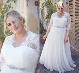 Vintage V neck Lace Wedding Dress Half Sleeves Illusion Crystal Beading Sequins Sash Chiffon Plus size Wedding Bridal Gowns New