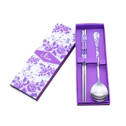 Rostfritt stål Sked Chopsticks Porslin Set Blå och Vit Porslin Porslin för Camping Picnic Vandring