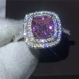 Schillernder Damen-Verlobungs-Ehering für Damen im Kissenschliff, 8 mm, rosafarbener 5A-Zirkon-Kristall, 925er-Sterlingsilber, Bijoux
