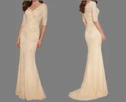 Gratis frakt Elegant mode V-ringning Halva ärm med pärlspetsade sjöjungfru Lace Long Mother of the Bride Dresses HY1539