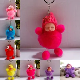 Free DHL New Sleeping Baby Doll Keychain Pompom Rabbit Fur Ball Key Holder Car Keyring Women Holder Bag Charm Accessory Keyfob H598Q A