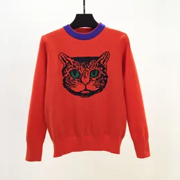 Outono novo design feminino com decote em bico manga longa bordado cabeça de gato suéter vermelho suéter pulôver tops malhas