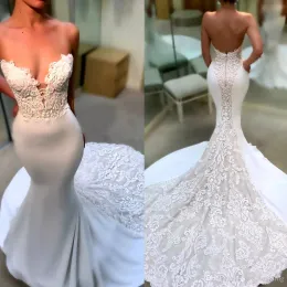 Seksowne Sweetheart Koronki Suknie Ślubne Katedra Pociąg Mermaid Backless Weddings Suknie ślubne Aplikacje Vestido De Novia Beach Suknia ślubna