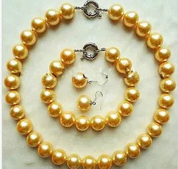 Echte 14mm Gelb Südsee Shell Perlenkette Armband Ohrringe Schmuck-Set
