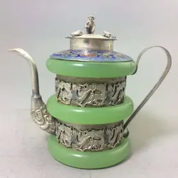 CHINESE TIBET SIVER HANDWORK twelve chinese zodiac signs OLD GREEN JADE TEAPOT