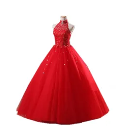 Nowa elegancka suknia kulowa Halter Red Lace Quinceanera Sukienki 2018 przez 15 lat Sweet 16 Prom Party Prom Suknia QC1003