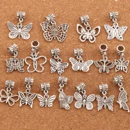 mixed Butterfly Dangle Alloy Big Hole Loose Beads Tibetan Silve Fit Charm Bracelet Jewelry BM57 LZsilver 170PCS/lot