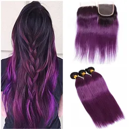 Ombre Lila Human Hair Weaves med stängning 2Tone 1B Purple Ombre Brasilianska Straight Virgin Human Hair 3bundles handlar om 4x4 spetsavslutning